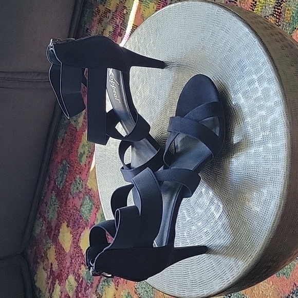 Navy blue suede strappy heels with zipper back, size 9 - Picture 9 of 14